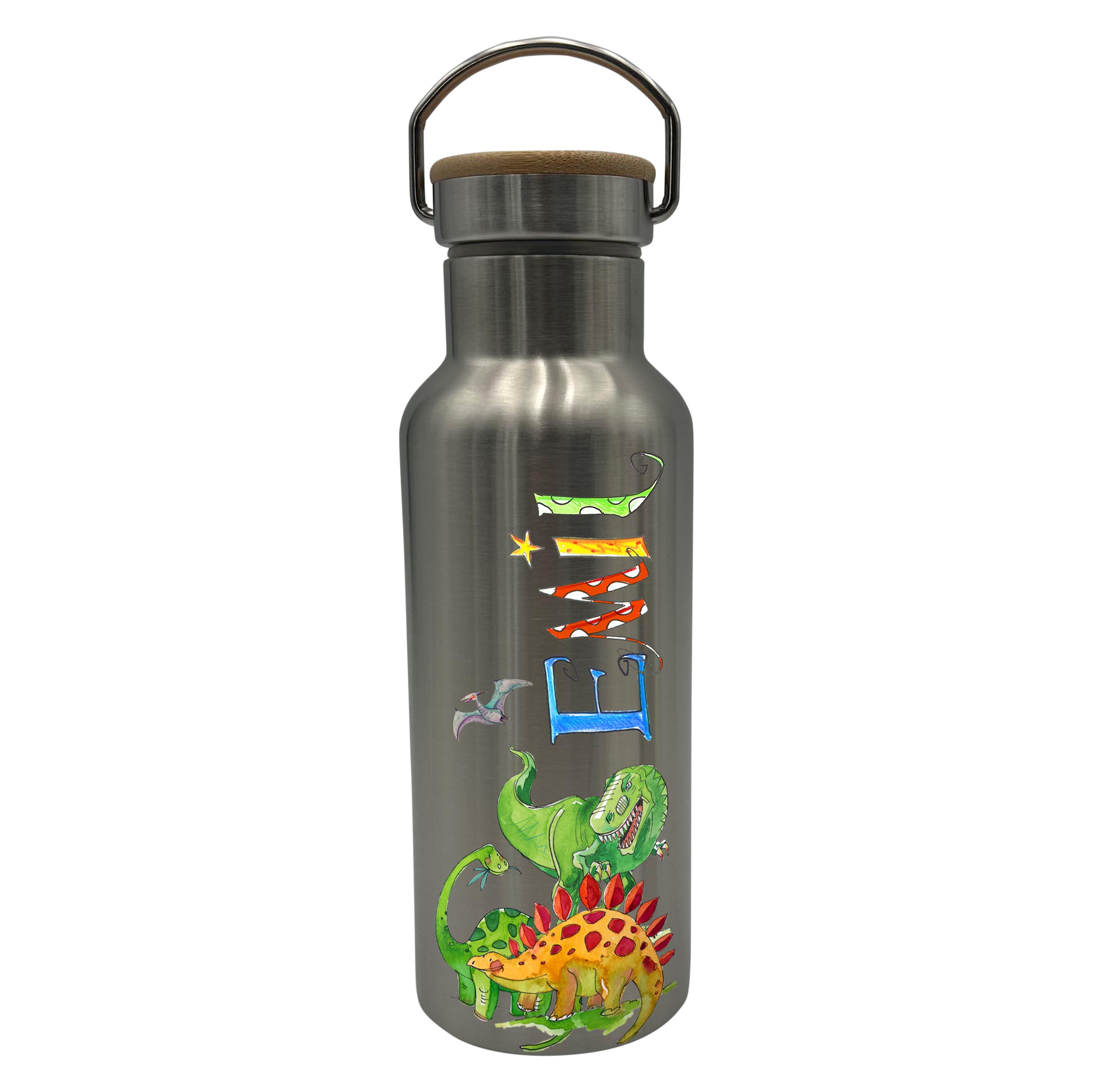 Bambus Thermo Trinkflasche Dino4, Thermotrinkflasche silber