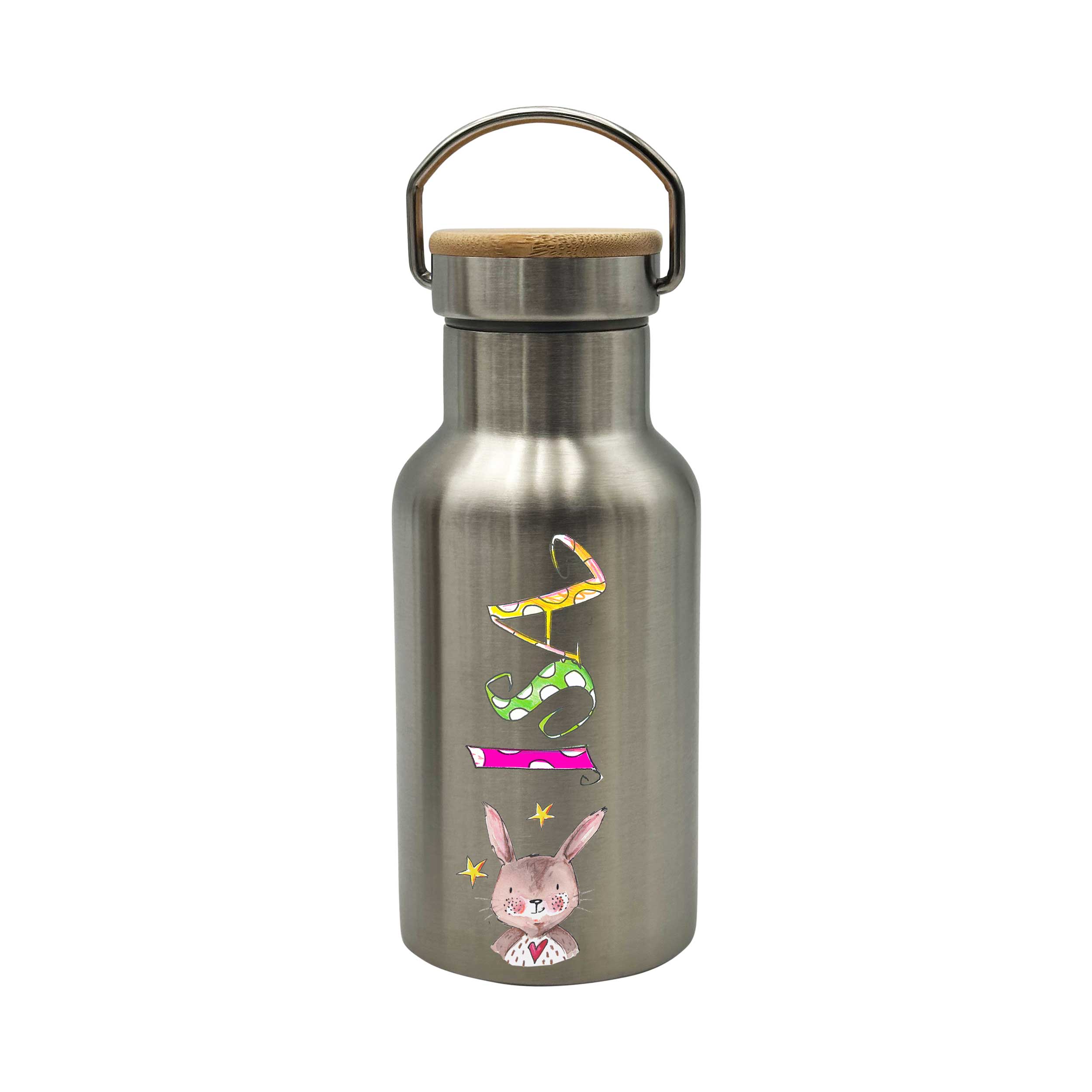 Bambus Thermo Trinkflasche Waldtiere, Thermotrinkflasche silber