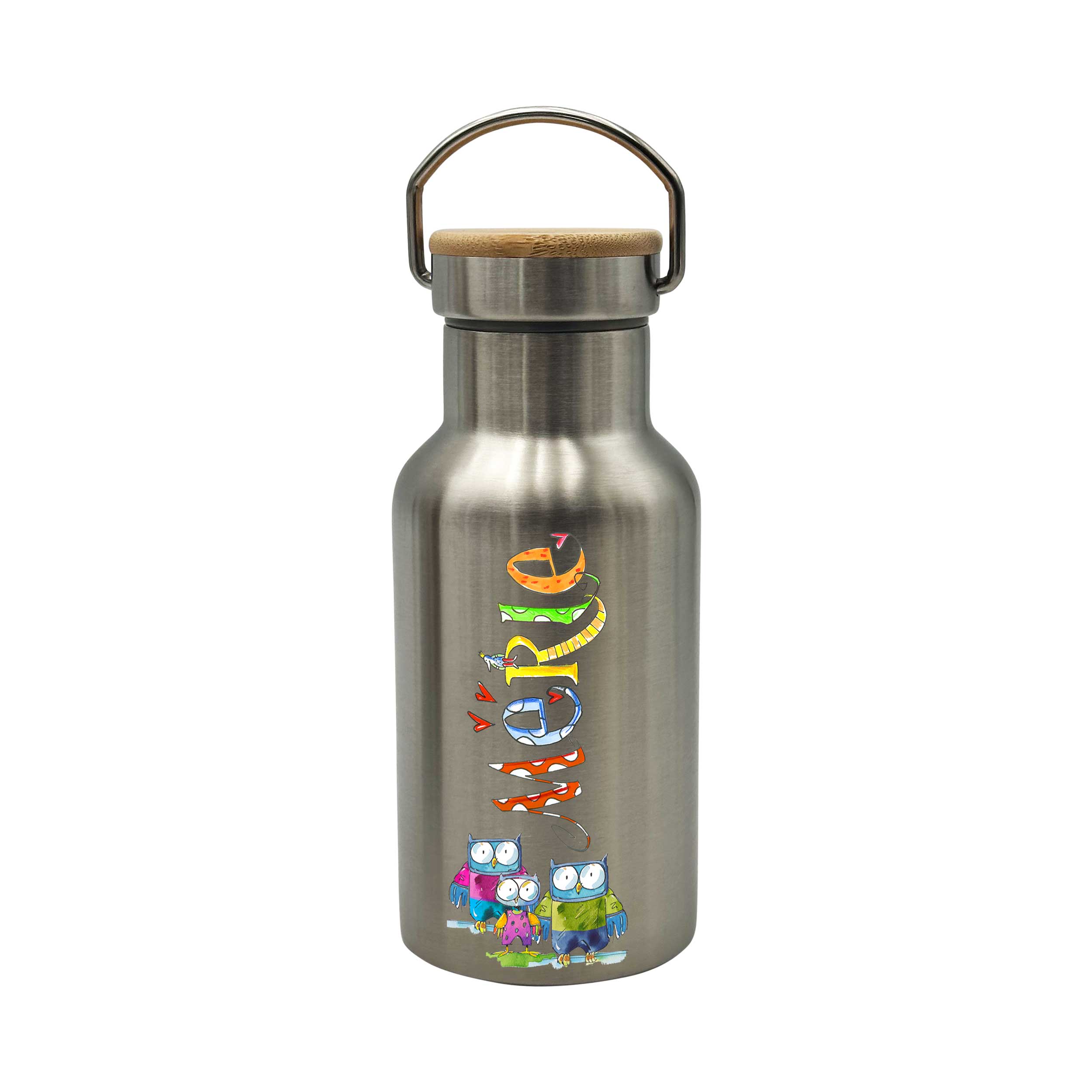 Bambus Thermo Trinkflasche Waldtiere, Thermotrinkflasche silber