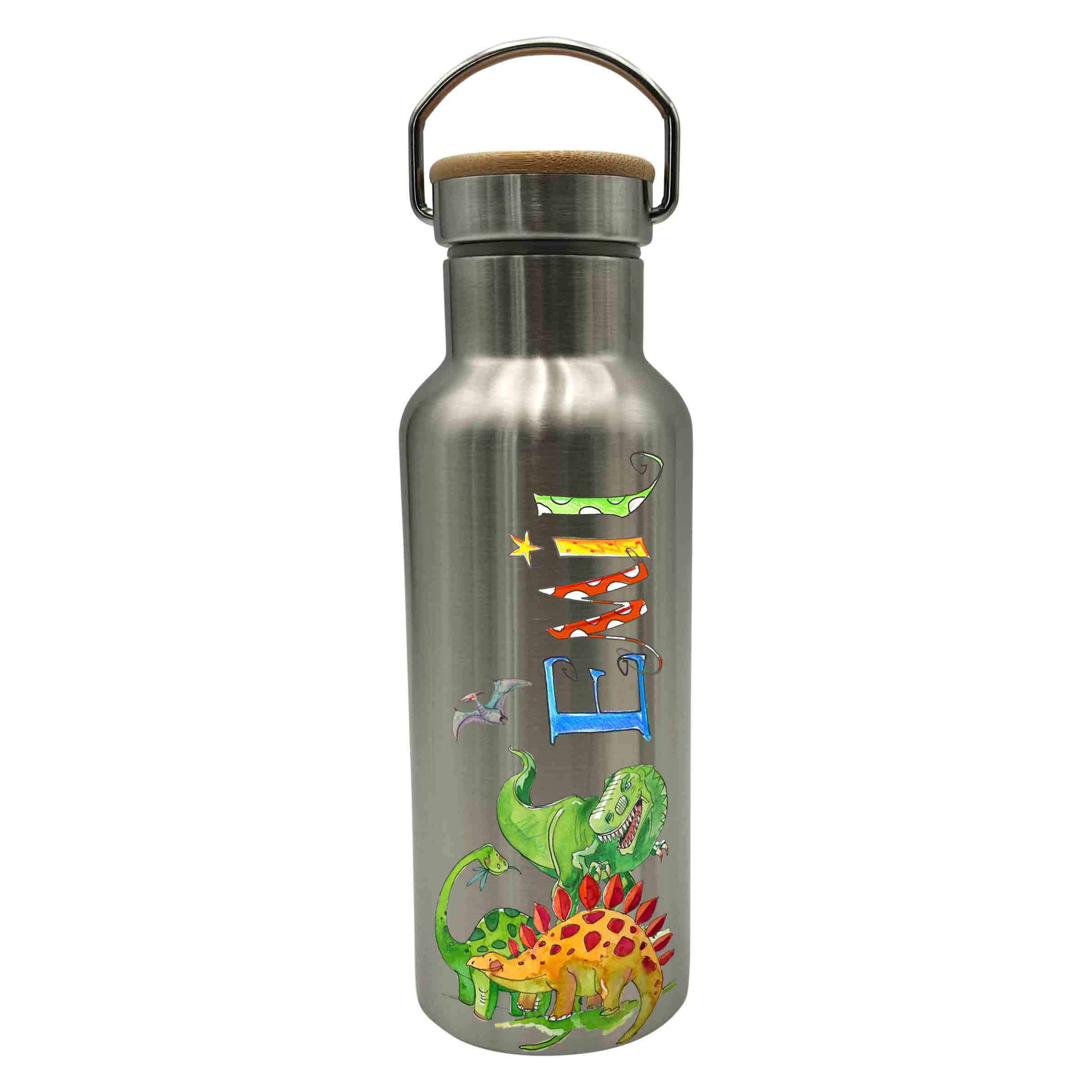 Bambus Thermo Trinkflasche Dino 4, Thermotrinkflasche silber