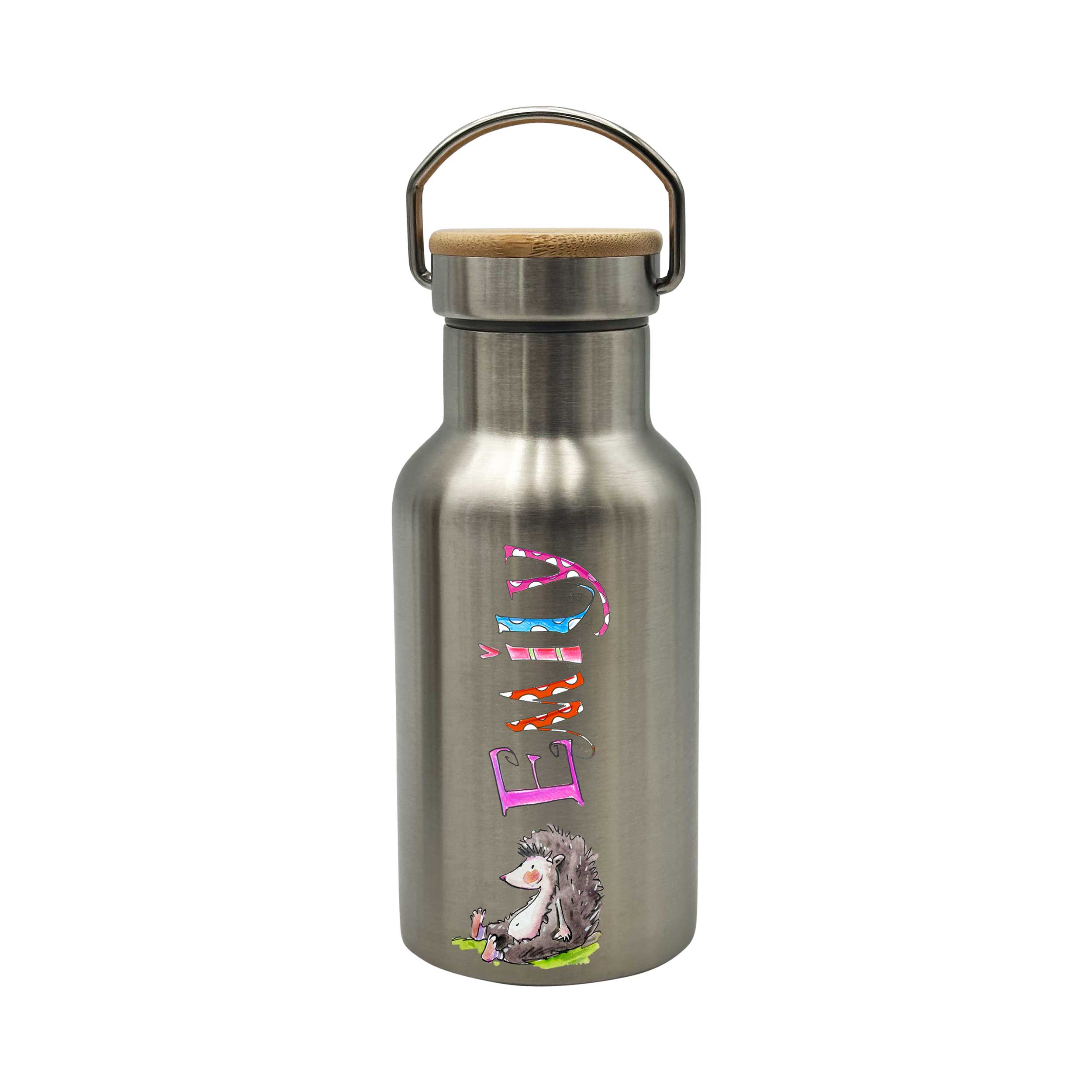 Bambus Thermo Trinkflasche Waldtiere, Thermotrinkflasche silber