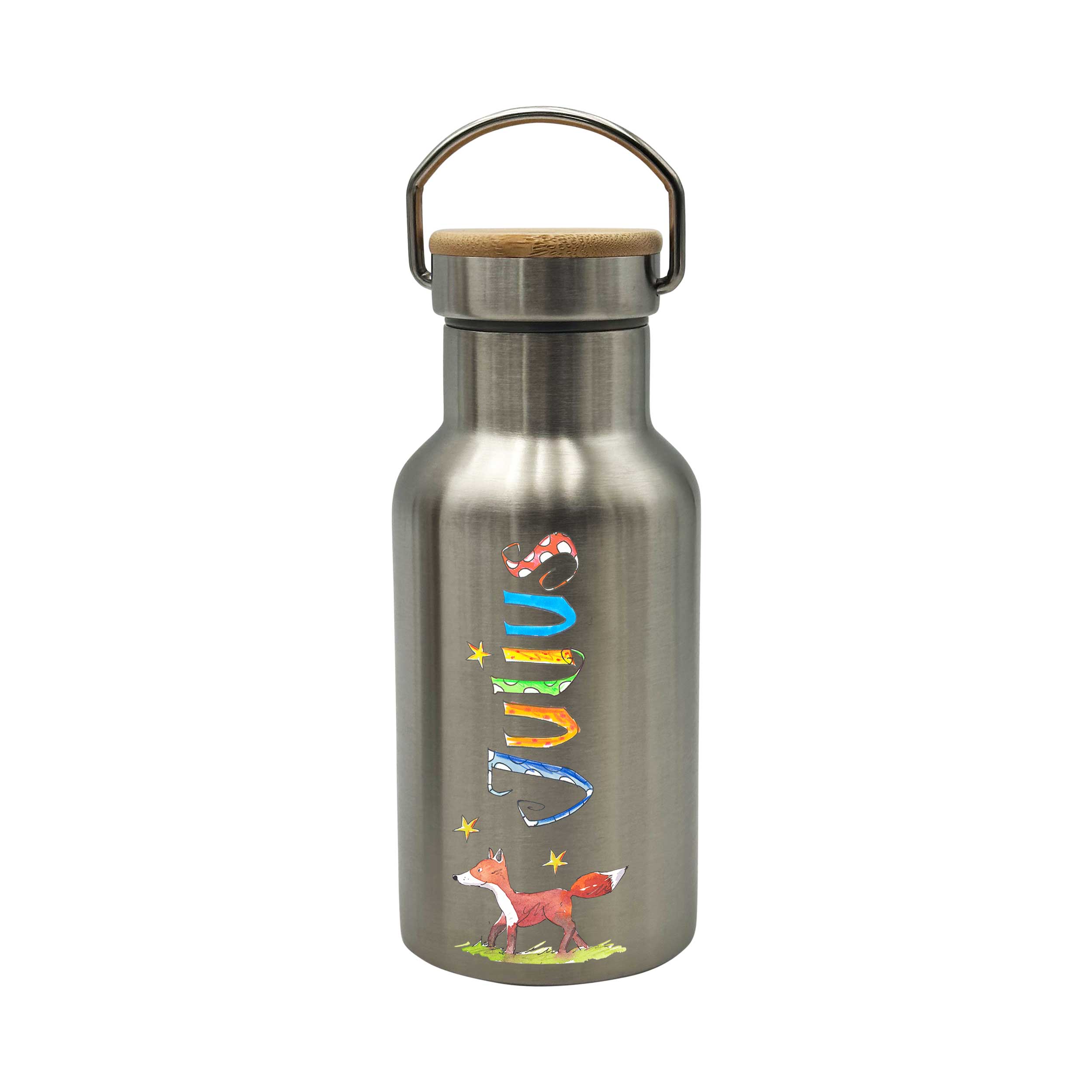 Bambus Thermo Trinkflasche Waldtiere, Thermotrinkflasche silber