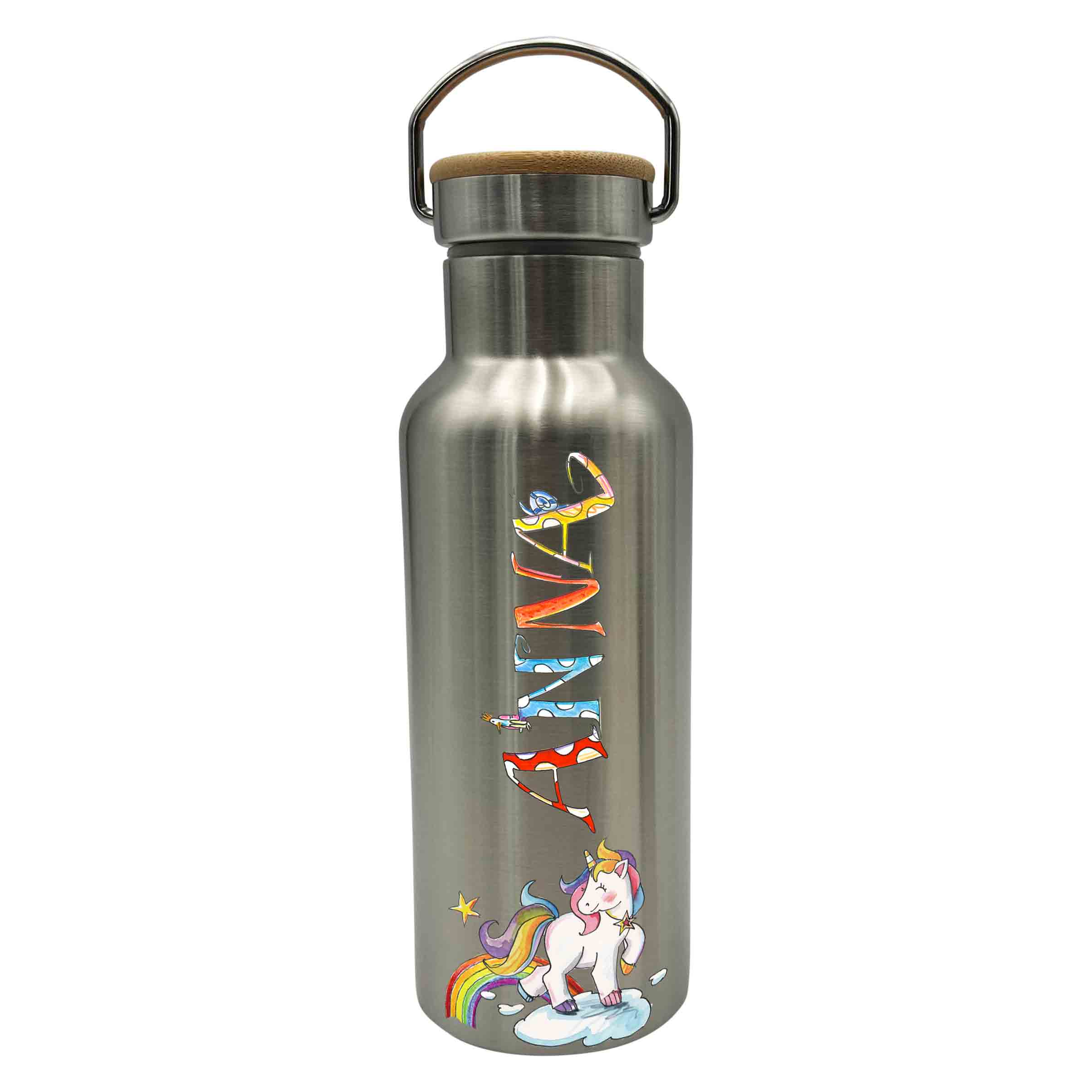 Bambus Thermo Trinkflasche Einhorn Baby, silber
