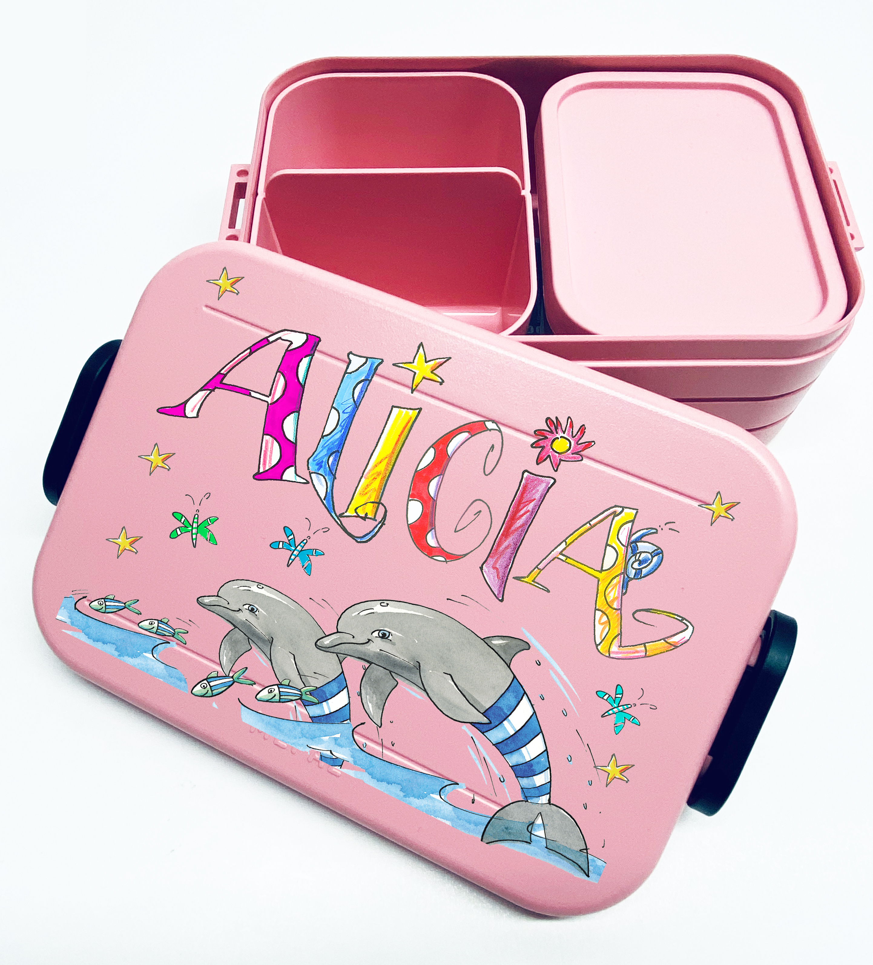 Mepal Lunchbox rosa mit Delfine und bunten gezeichneten Buchstaben