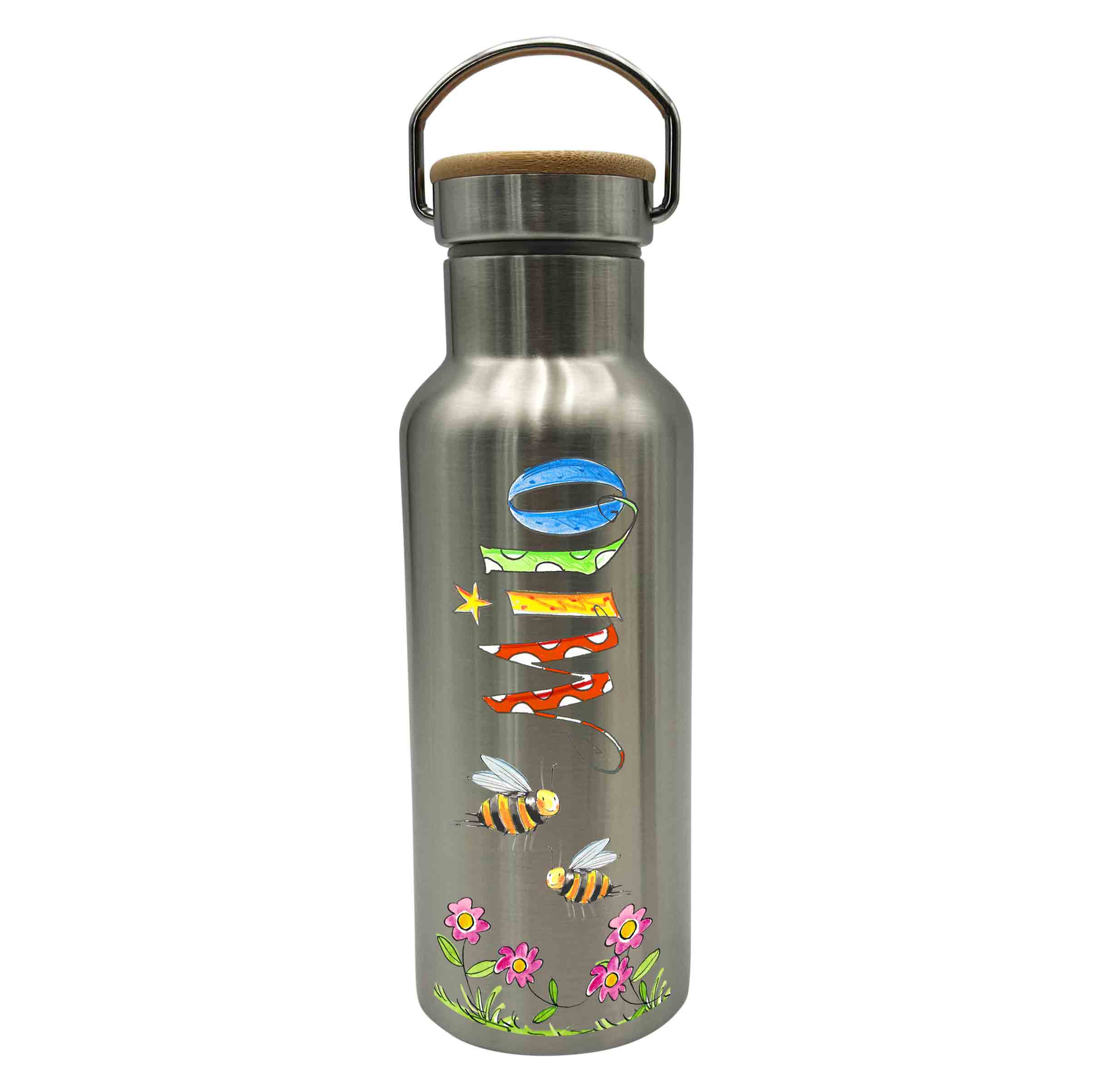 Bambus Thermo Trinkflasche Waldtiere, Thermotrinkflasche silber