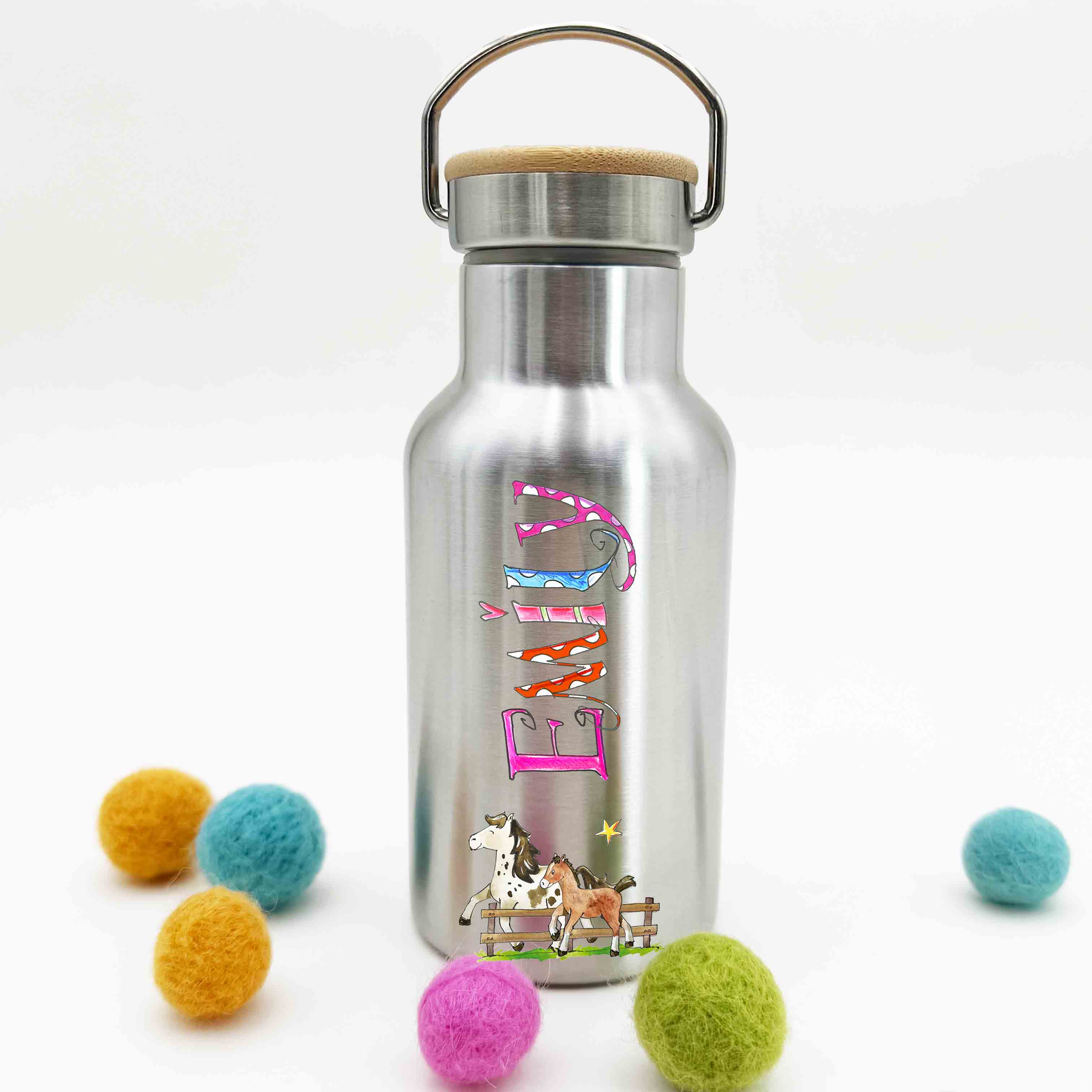 Bambus Thermo Trinkflasche Pferde, silber